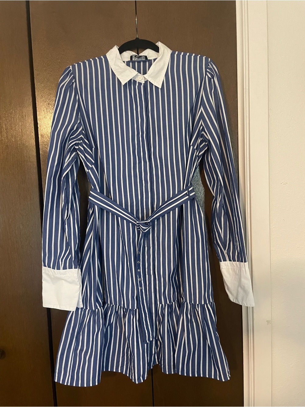 J. Crew Blue and White Striped Mini Shirt Dress with White Collar